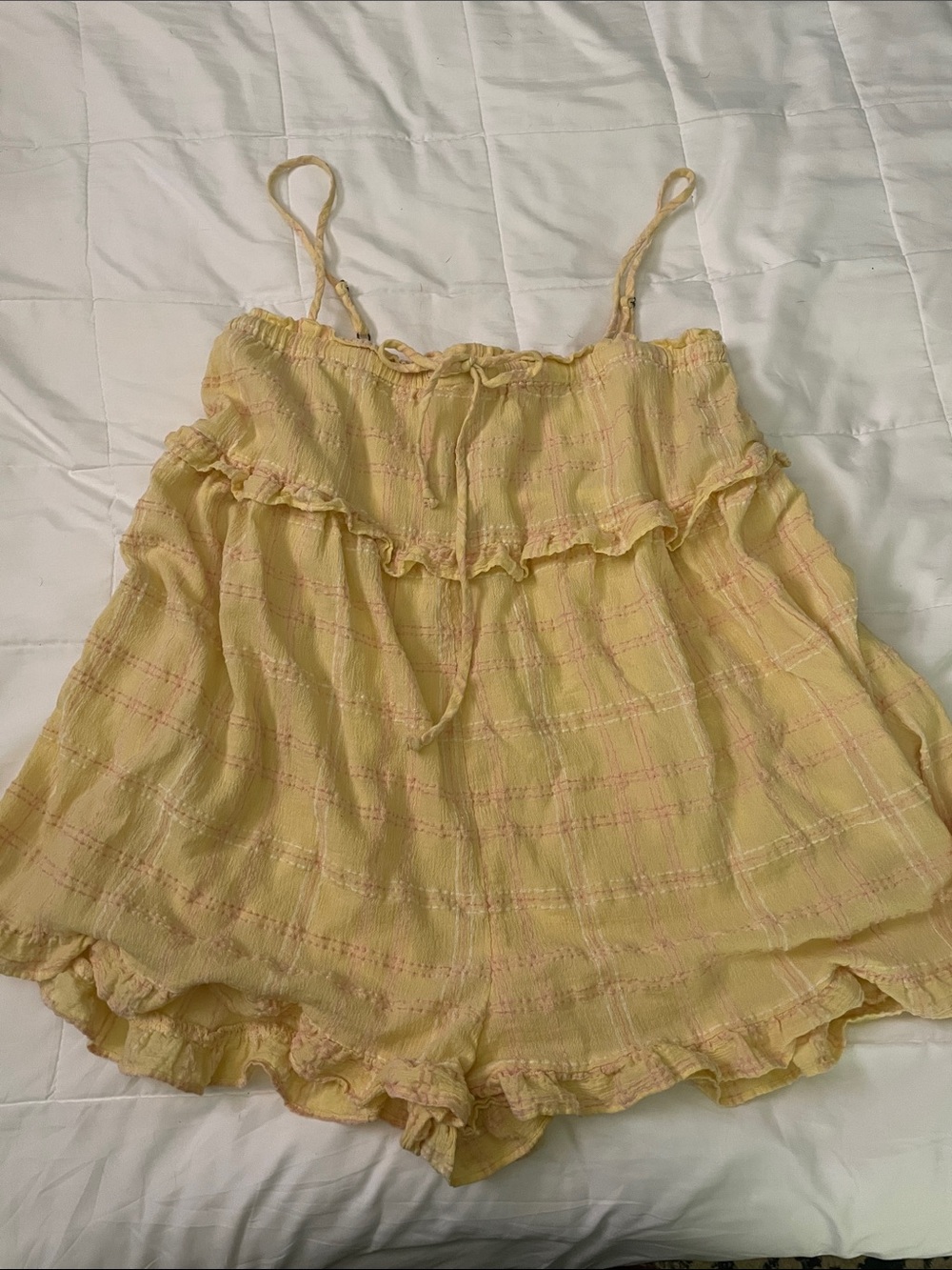 Urban Outfitters Pale Yellow Romper with Pink & White Stripe Trim